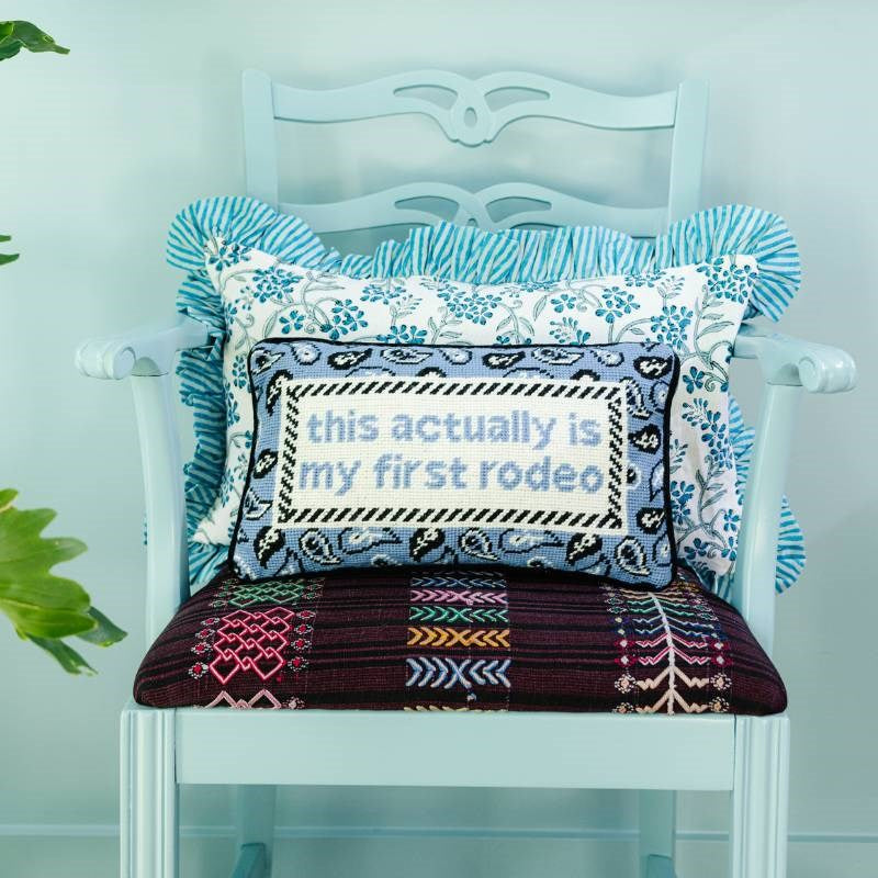 First Rodeo Needlepoint Cushion 23x38cm in cream, blue, black