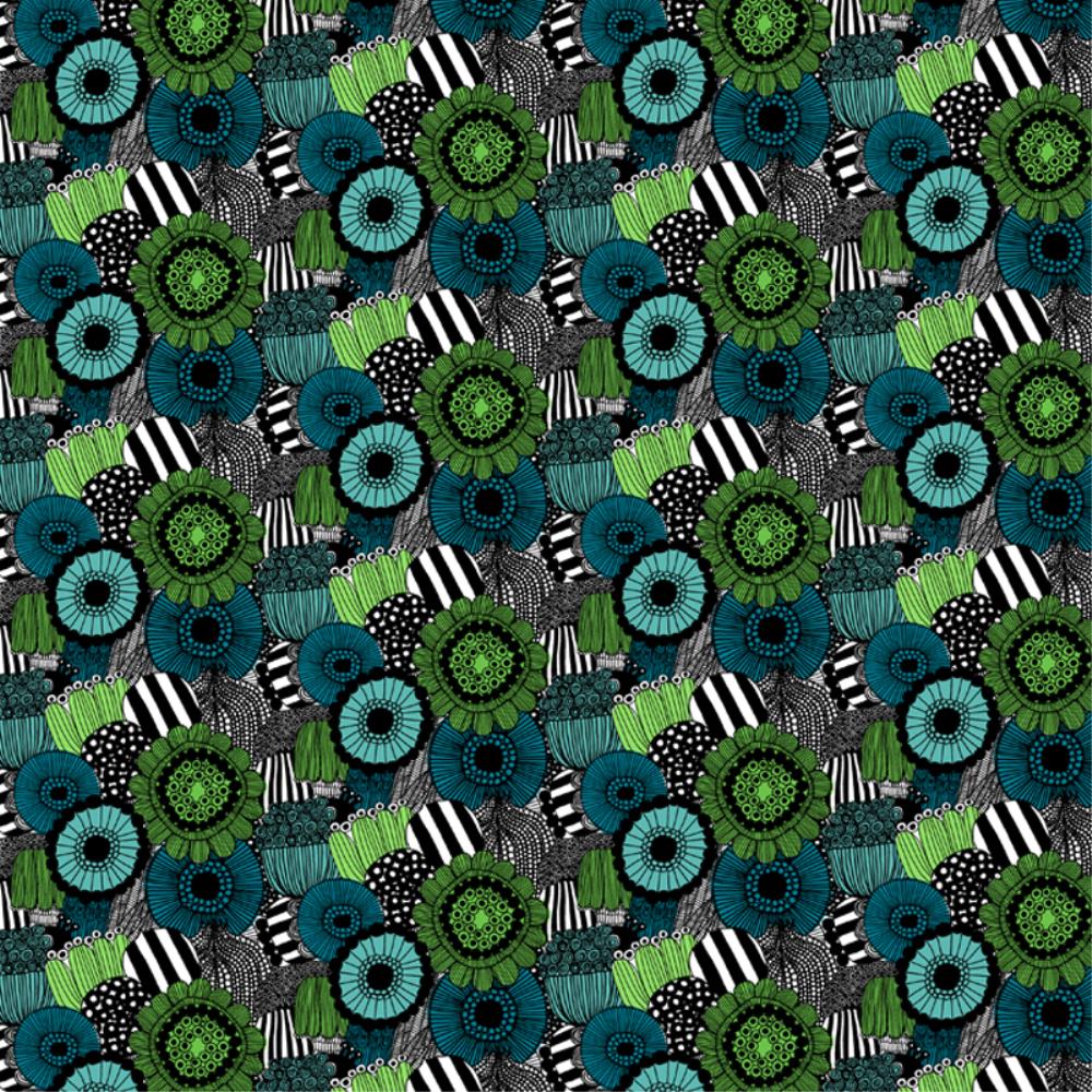 Pieni Siirtolapuutarha Fabric in white, green, black