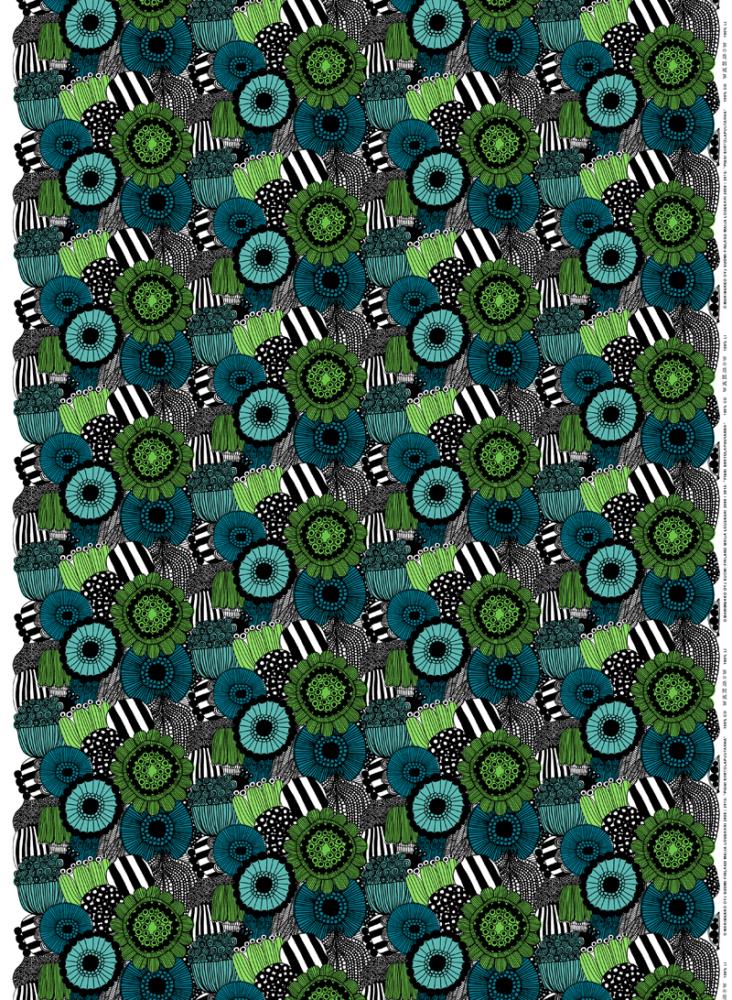 Pieni Siirtolapuutarha Fabric in white, green, black