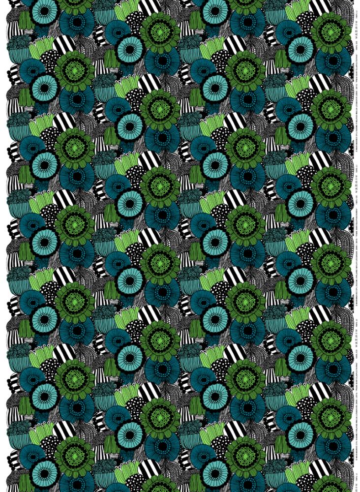 Pieni Siirtolapuutarha org cotton Fabric in white, green, black