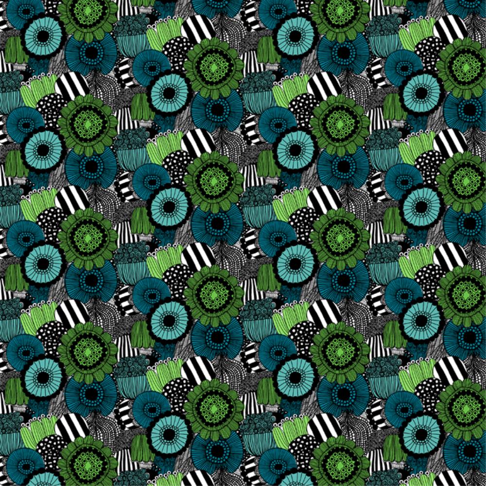 Pieni Siirtolapuutarha org cotton Fabric in white, green, black