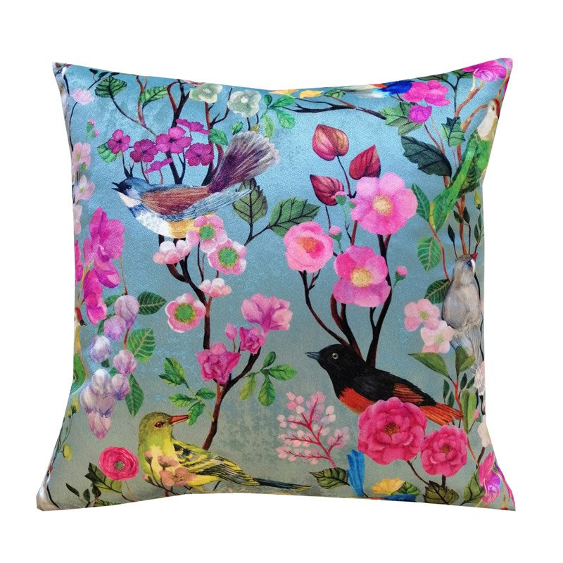 Bird and Blooms Chinoiserie Velvet Cushion Cover 43cm in duck egg