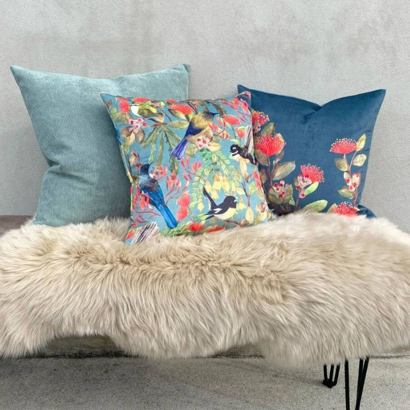 Land of Birds and Blooms Velvet Cushion Cover 43cm in duck egg