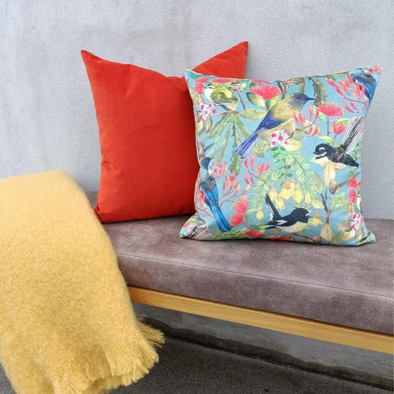 Land of Birds and Blooms Velvet Cushion Cover 43cm in duck egg