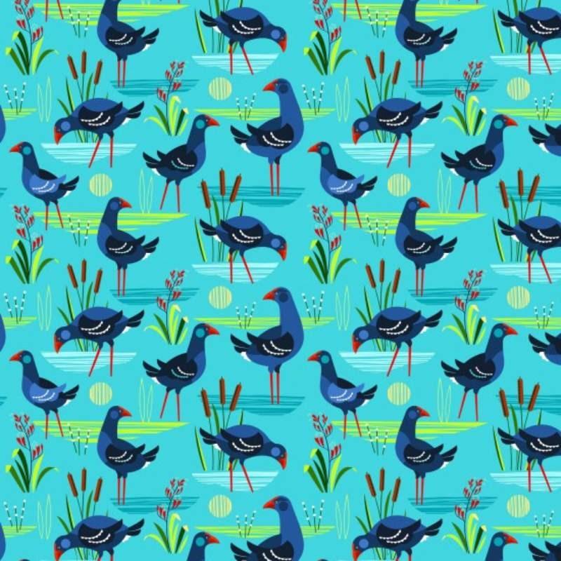 Early Birds Pukeko Fabric in turquoise