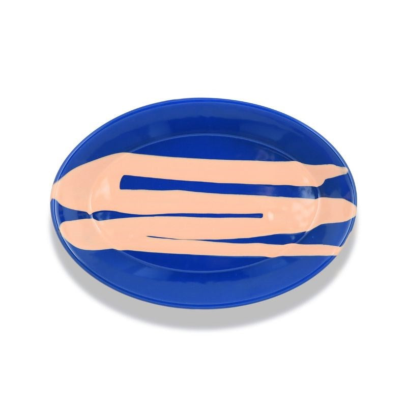 Primavera Enamel Plate 30x20cm in peach on cobalt