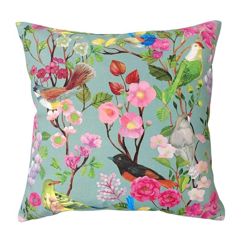 Bird and Blooms Chinoiserie Cotton Cushion Cover 45cm in duck egg