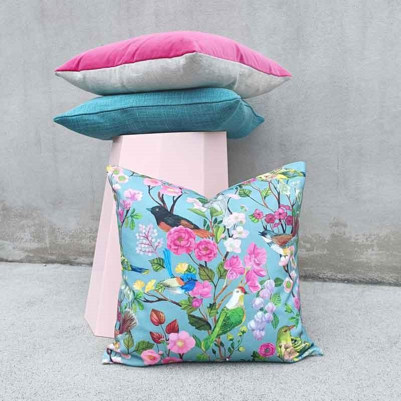 Bird and Blooms Chinoiserie Cotton Cushion Cover 45cm in duck egg