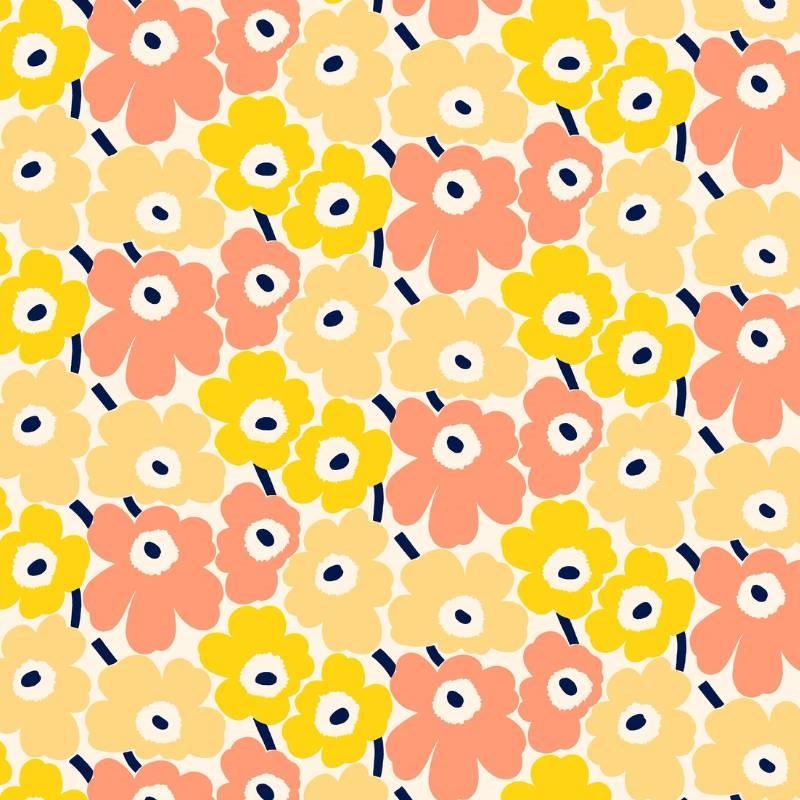 Pieni Unikko 2 Recycled Cotton Fabric in yellow, peach, dark blue