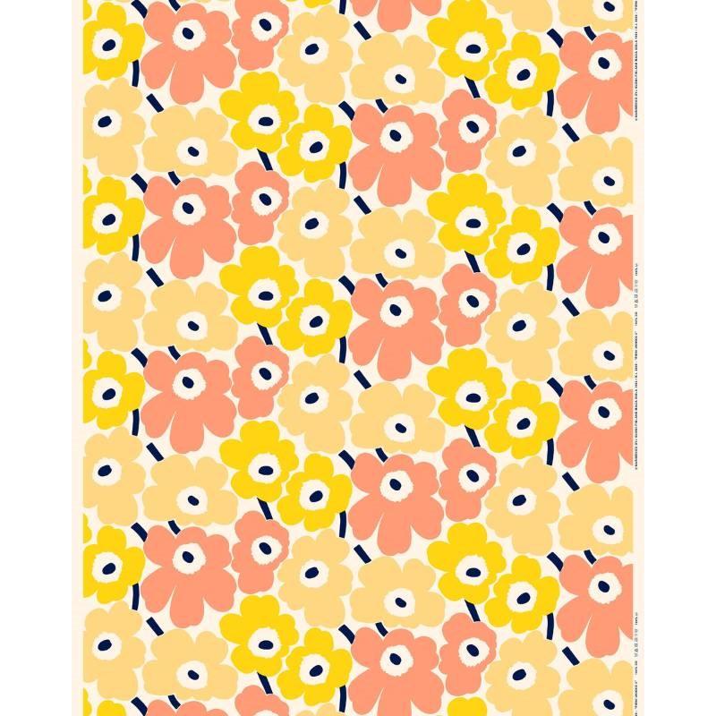 Pieni Unikko 2 Recycled Cotton Fabric in yellow, peach, dark blue