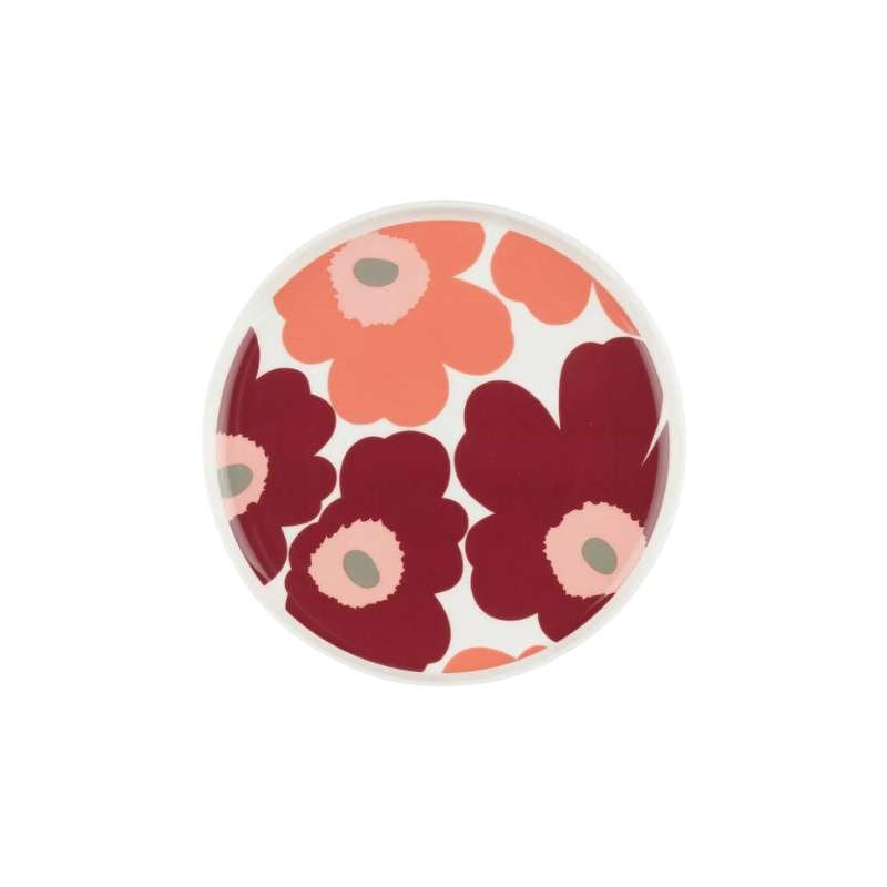 Oiva Unikko Plate 20cm in white, dark cherry, salmon red