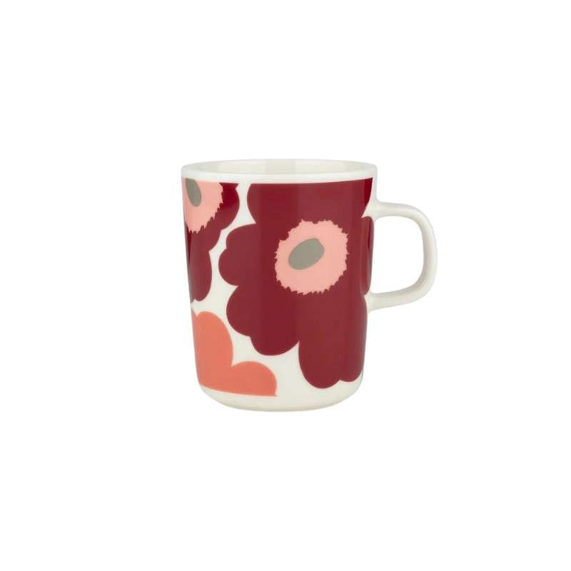 Oiva Unikko Mug 250ml in white, dark cherry, salmon red