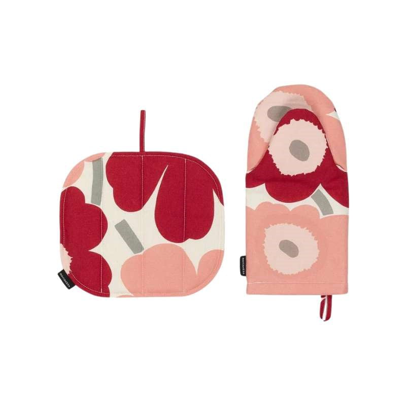 Pieni Unikko Ovenmitten &amp; Pot Holder in cotton, dark cherry, rose