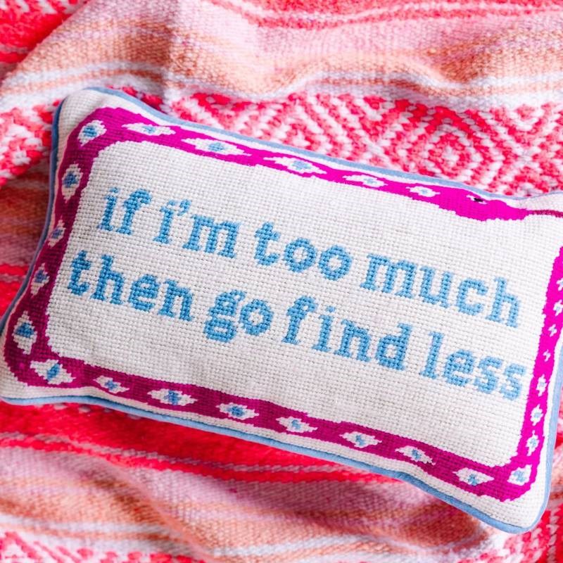Go Find Less Needlepoint Cushion 23x38cm in cream, blue, pink