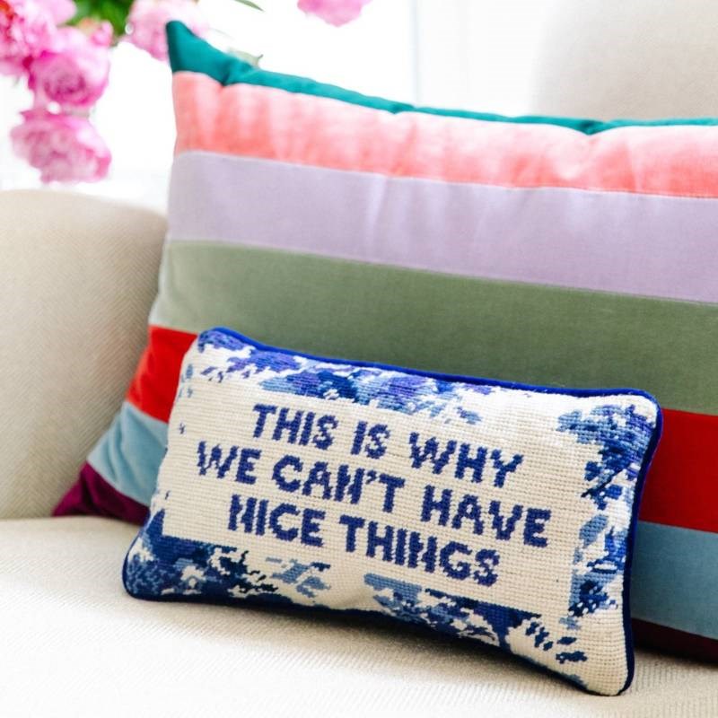 Nice Things Needlepoint Cushion 20x38cm in cream, blue