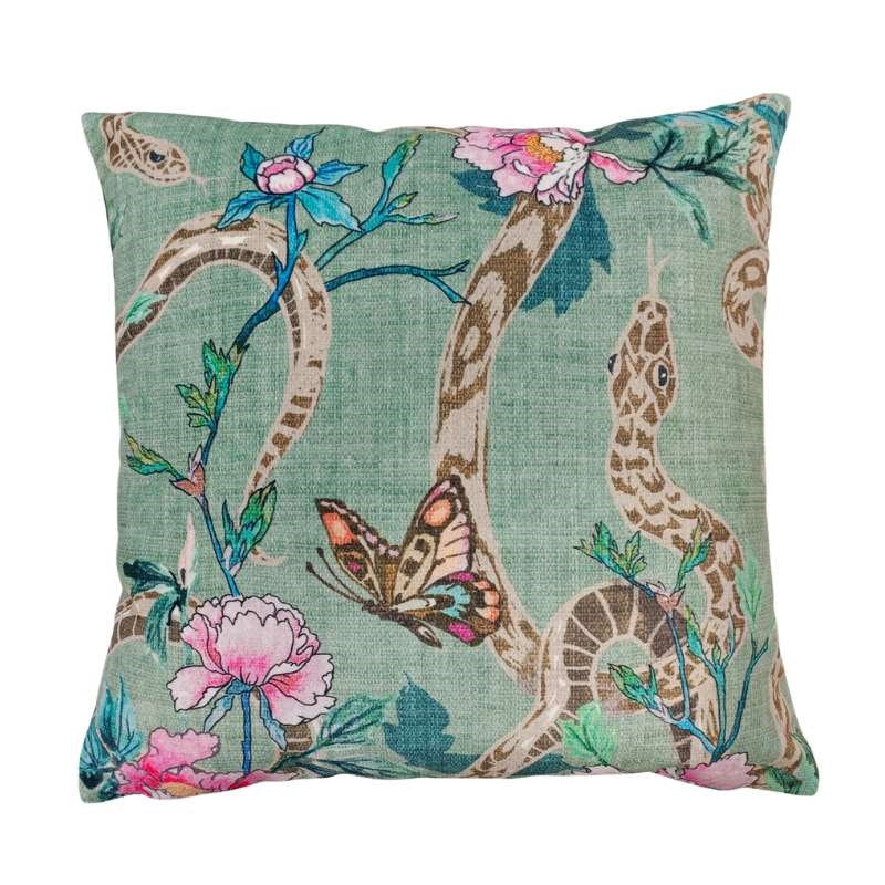 Snake and Peony Velvet Cushion Cover 43cm in jade green