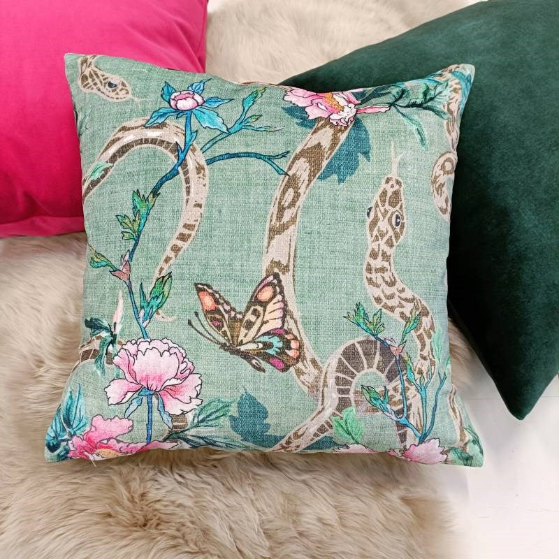 Snake and Peony Velvet Cushion Cover 43cm in jade green Bolt of Cloth