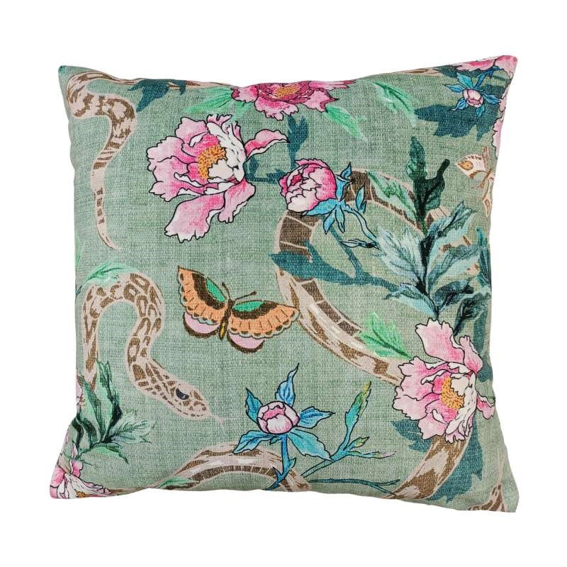 Snake and Peony Velvet Cushion Cover 43cm in jade green