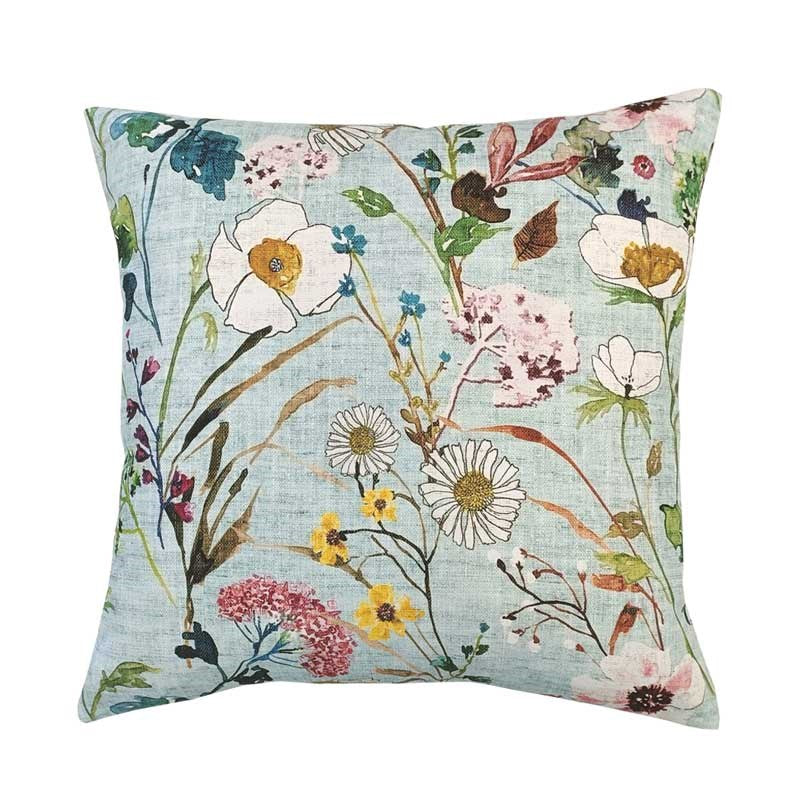 Verdure Floral Cotton Cushion Cover 45cm in mint blue