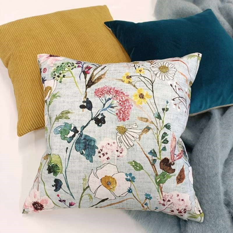 Verdure Floral Cotton Cushion Cover 45cm in mint blue