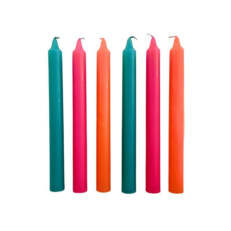 Shagadyllic Taper Candle 240mm set of 6 in turquoise, dark pink, orange