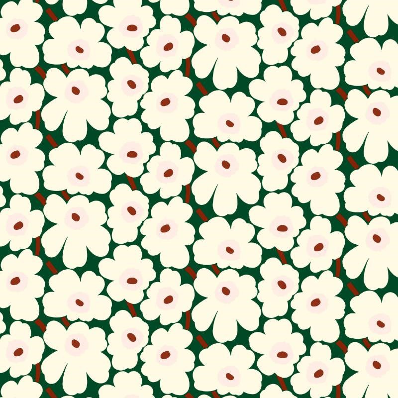 Pieni Unikko Cotton Fabric in dark green, off white, light pink