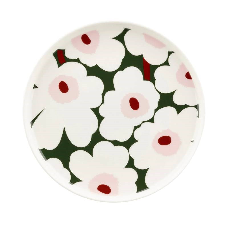 Oiva Unikko Plate 25cm in white, dark green, light pink