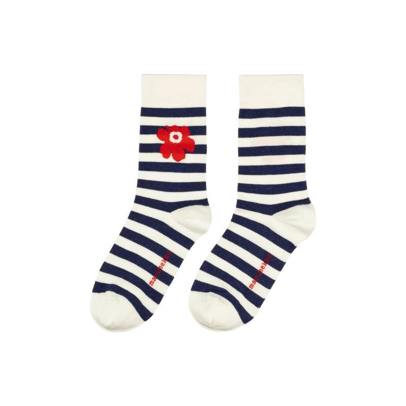 Kasvaa Tasaraita Unikko One Socks in dark navy, off white, red