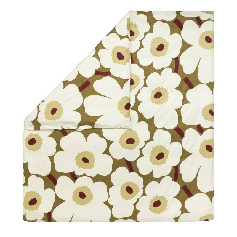 Unikko Satiini Duvet Cover in green umber, cream