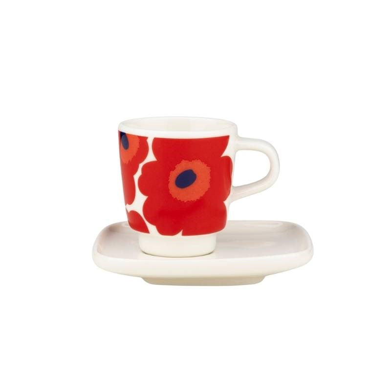 Oiva Unikko Espresso cup and plate in white, red, blue