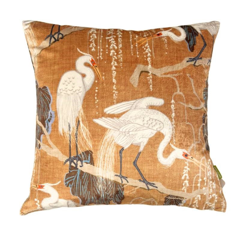 Egrets Willow Velvet Cushion Cover 43cm in mustard
