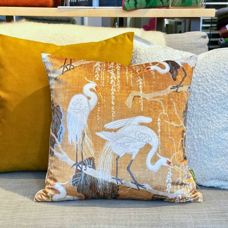 Egrets Willow Velvet Cushion Cover 43cm in mustard
