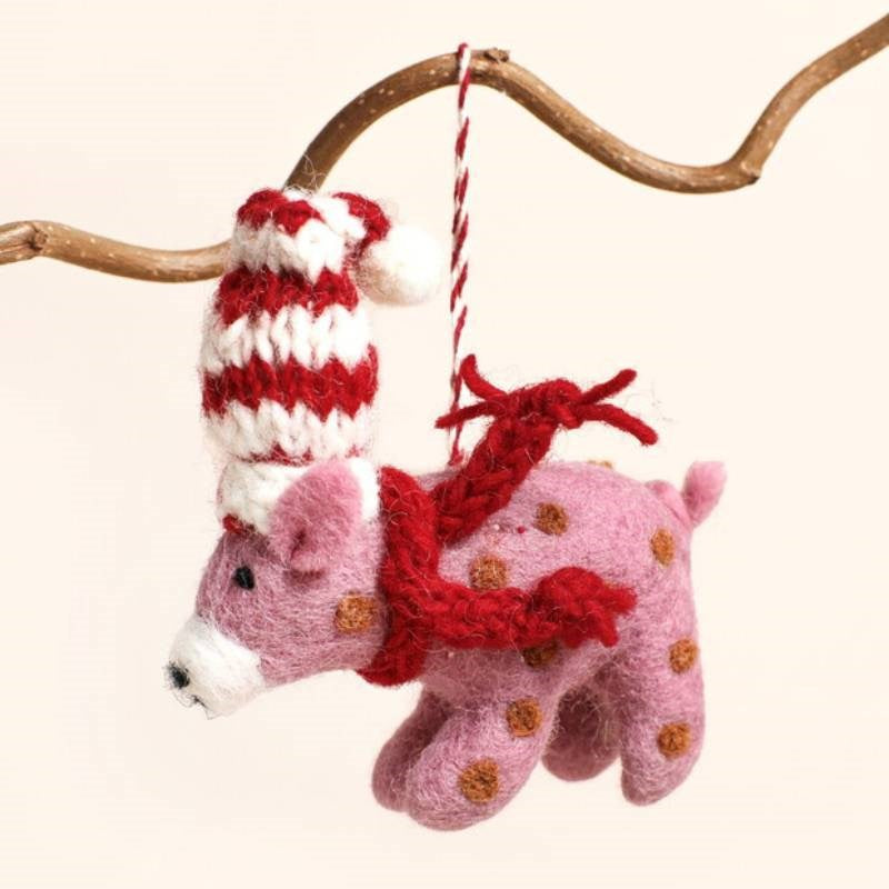Pig with Striped Cap Felted Ornament