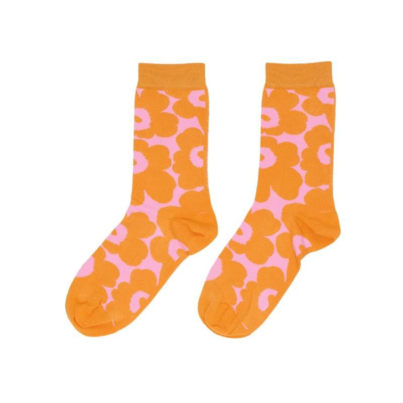 Linjaus Unikko Socks in orange, pink