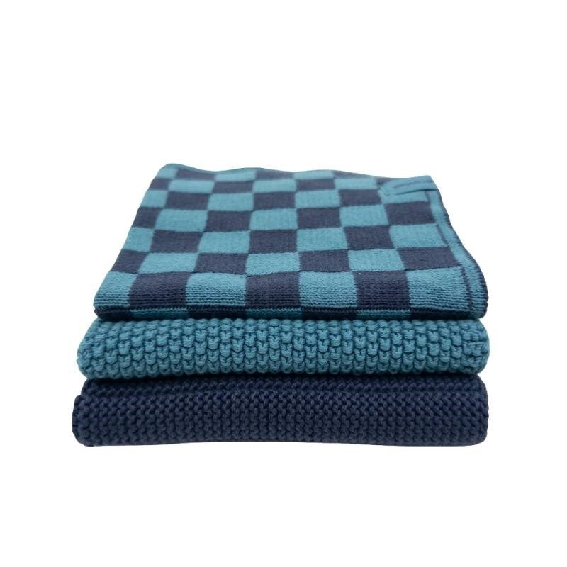 Tasman Navy Chequer Organic Knitted Dishcloths - set of 3