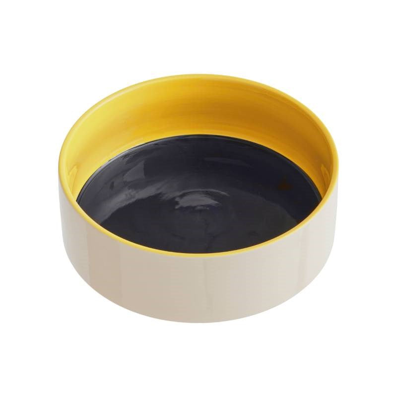 Dog Bowl, large, in blue and yellow, with blue base
