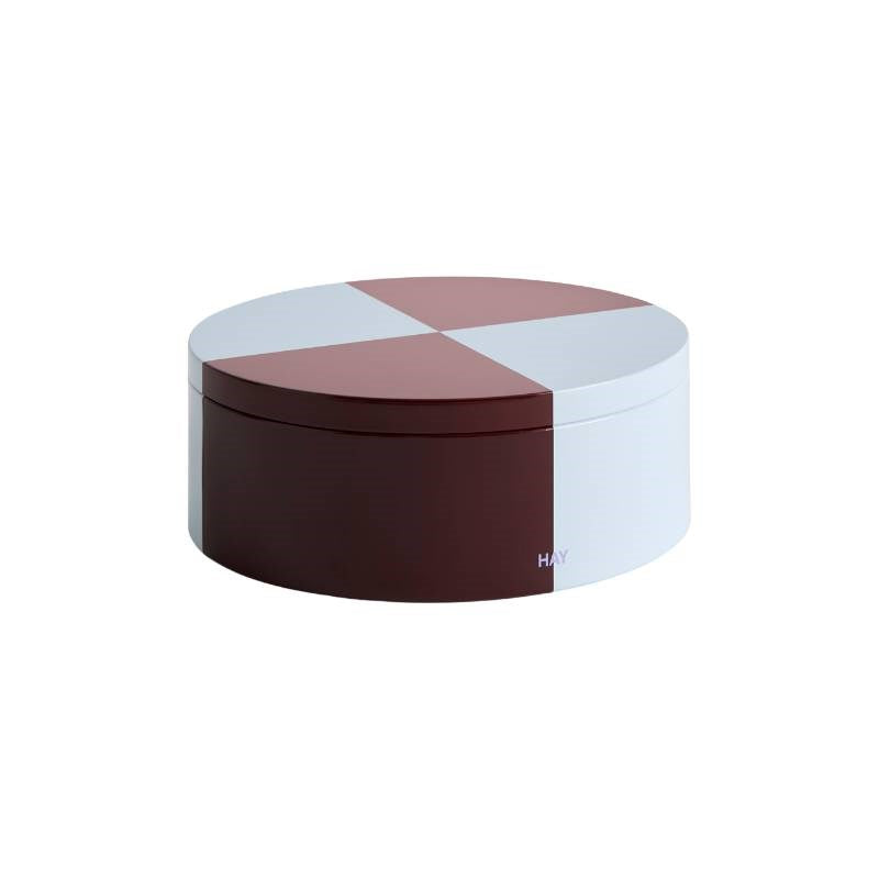 Tin Container, round, in burgundy and ice blue