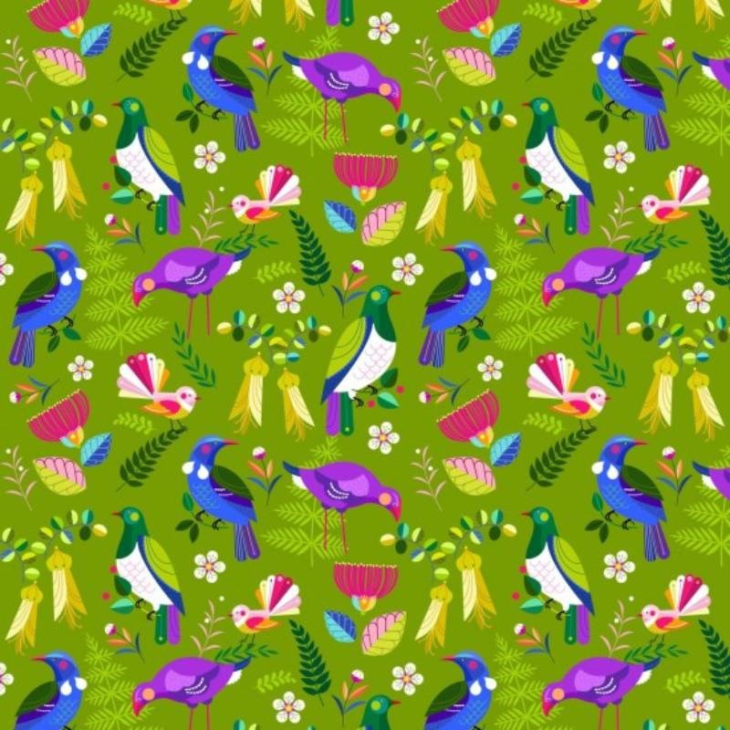 Summer Garden Birds Fabric in green