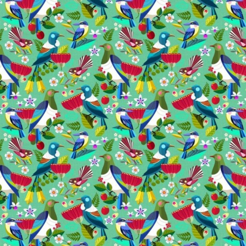 Postcards of New Zealand Birds Fabric in mint
