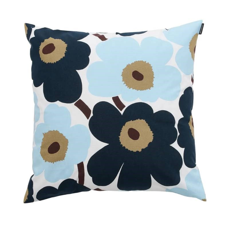 Pieni Unikko Cushion Cover 50cm in white, blueberry cool blue, dark brown