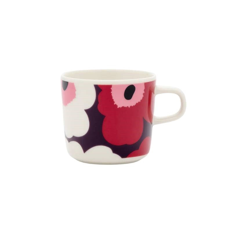 Oiva Unikko Coffee cup 200ml in white, plum, cranberry, pink