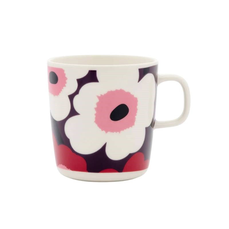 Oiva Unikko Mug 400ml in white, plum, cranberry, pink