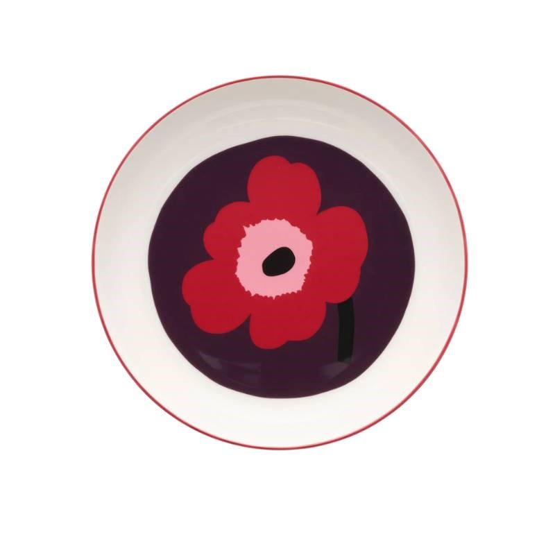 Oiva Unikko Deep Plate 20.5cm in white, plum, cranberry, pink
