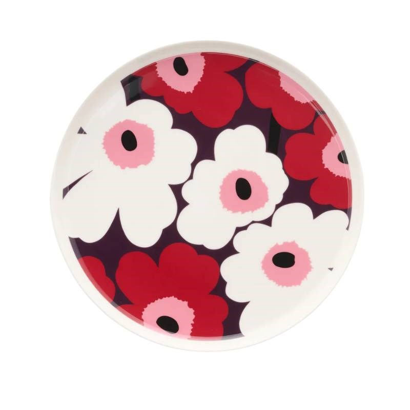 Oiva Unikko Plate 25cm in white, plum, cranberry, pink