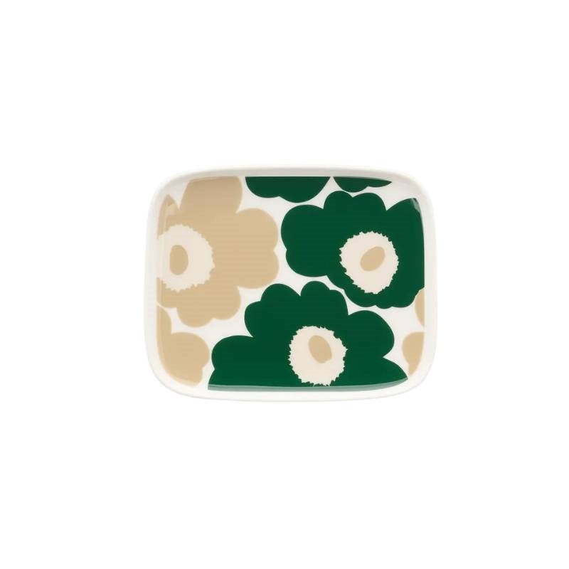 Oiva Unikko Plate 12x15cm in white, dark green, beige, light sand