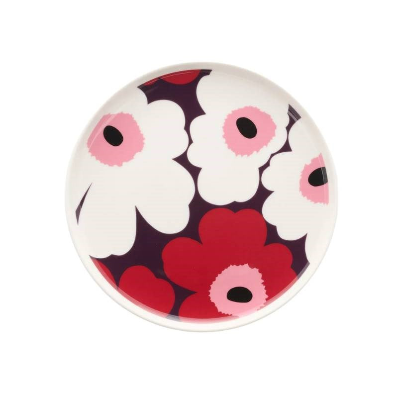 Oiva Unikko Plate 20cm in white, plum, cranberry, pink
