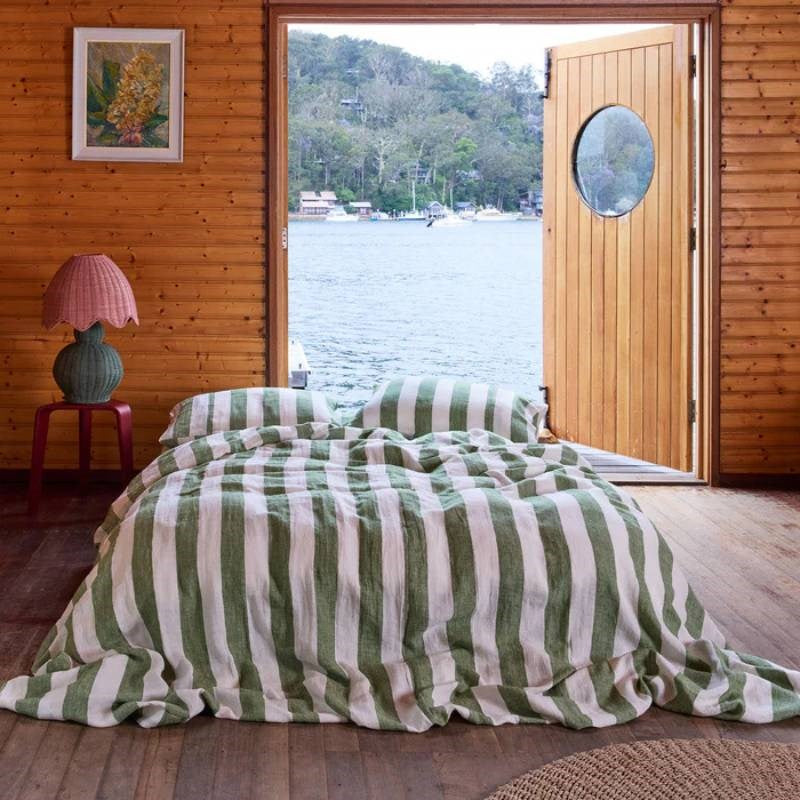 Linen Pillowcase Pair in moss stripe