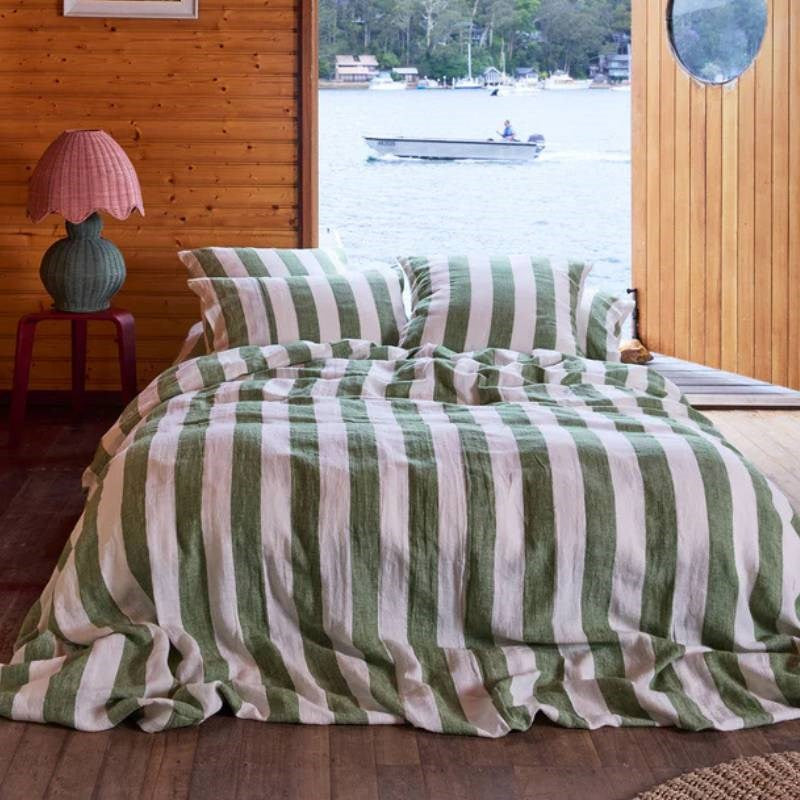 Linen Quilt Cover in moss stripe