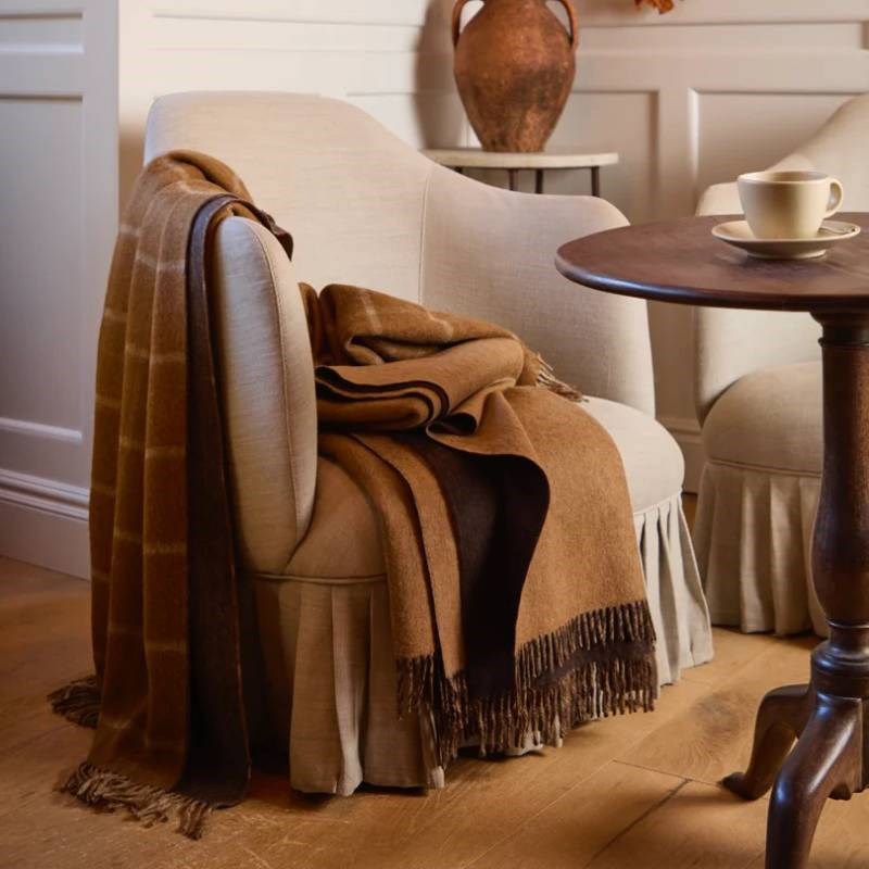 Herringbone Check Double Sided Merino Wool Throw 185x140cm in camel, chocolate