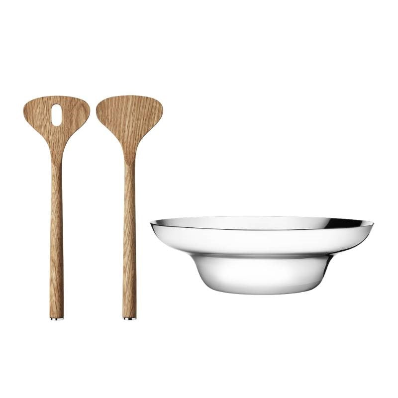 Alfredo Salad Bowl and Servers, mirror polished stainless steel and mirror oak wood